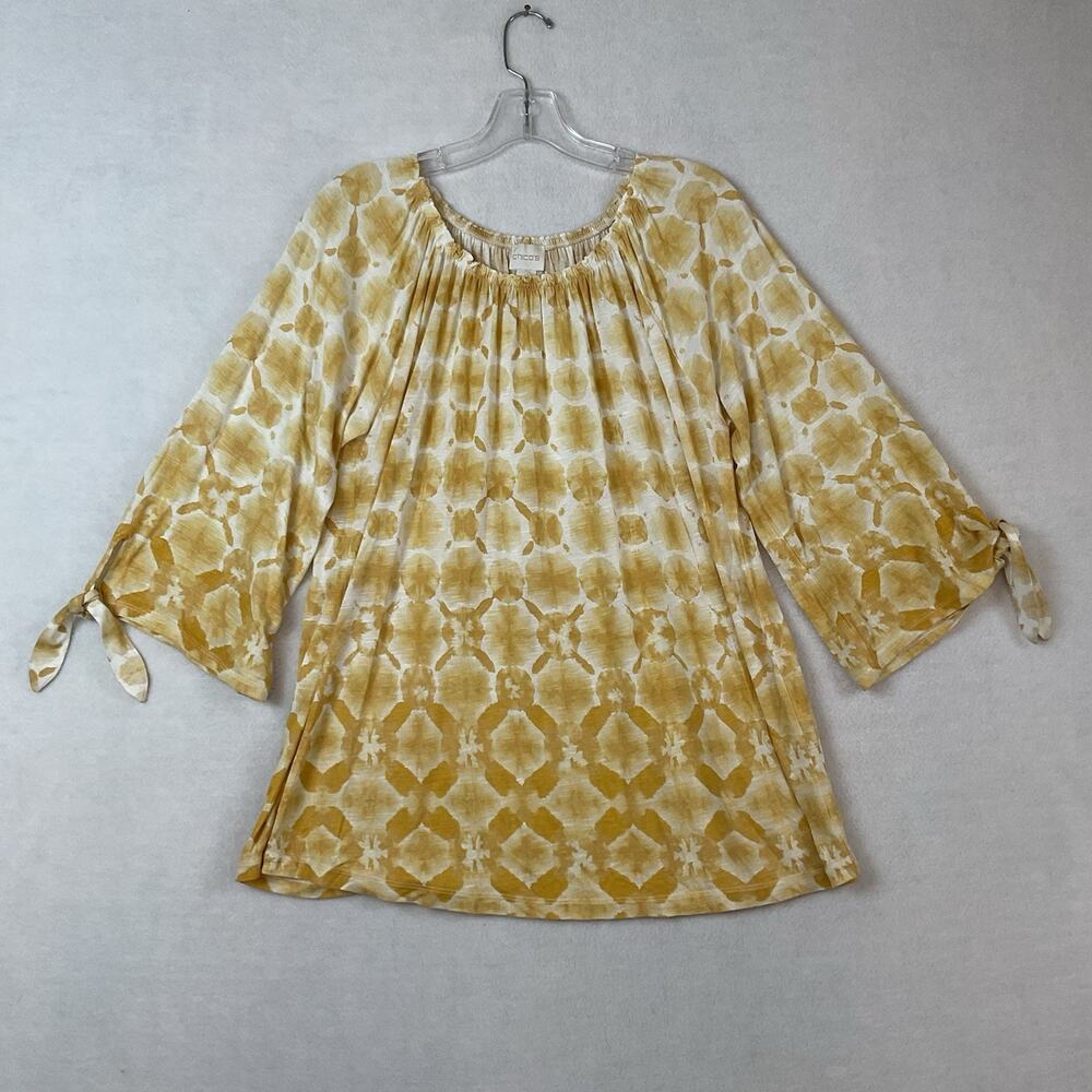 Chicos Shirt Size 2 Womens 12‎ Yellow Tie Dye Peasant 3/4 Sleeves Knit